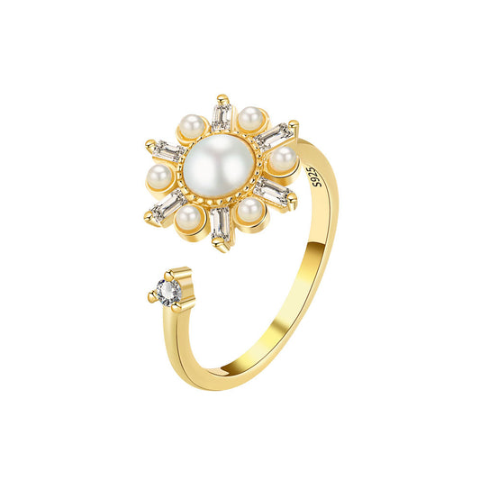 Rotatable Gold Open Pearl Ring for Women